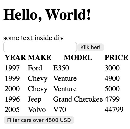 JavaScript DOM exercise showing a small car dealership table